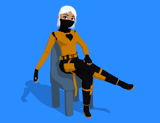 A 3D rendered, looped, video of a female character sitting on a chair in front of an all blue background. The camera spins around a bit, turntable like. The character has a cell-shaded, anime look to her. She has white hair, tied up to a half bun and wears a black face mask, pulled over her nose. She wears a body-tight top with long sleeves, tucked into cargo trousers with straps on each side. Her hands are mostly covered with fingerless gloves and she's wearing simple boots. The top has a heart shape on the front and the whole outfit is held in orange and black. She's sitting cross-legged on the chair, one hand on the top knee, the other one casually dangling down. She has her head turned slightly to the right and up, eyes to the right as well.